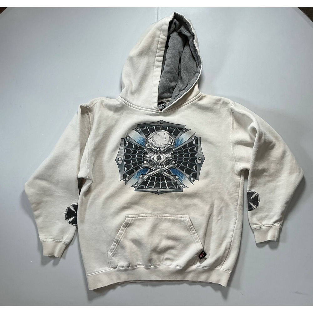 VTG Y2k Top Heavy Grunge Skater Surf Skull Hoodie Kids M White Front Back Hit